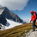 A solitary adult hiker, male or female, walking confidently on a scenic mountain trail in the Polish Tatry Wysokie. The hiker is wearing appropriate, fully clothed, multi-layered technical hiking attire, including a waterproof jacket, a warm mid-layer, and durable hiking pants. The weather is dynamic, with sunlight dappling through clouds, suggesting a recent or impending change in conditions. The background features majestic mountain peaks. Professional outdoor photography, natural pose, perfect anatomy, correct proportions, well-formed hands, proper finger count, natural body proportions, safe for work, appropriate content, modest clothing, family-friendly.